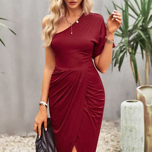 Devine Ruched One-Shoulder Tulip Hem Dress