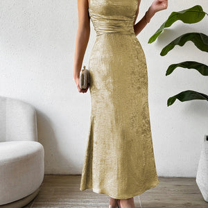 Honey Asymmetric Neck Sleeveless Midi Dress