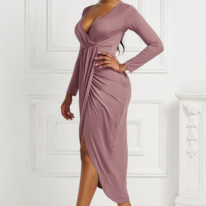 High-low Ruched Surplice Long Sleeve Dress