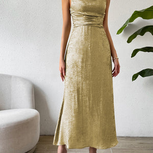 Honey Asymmetric Neck Sleeveless Midi Dress