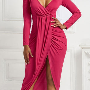 High-low Ruched Surplice Long Sleeve Dress