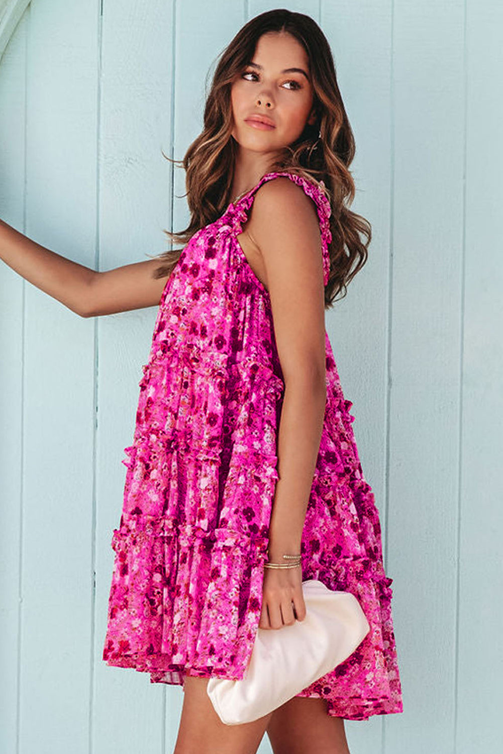 Red Tiered Ruffled Square Neck Sleeveless Floral Mini Dress