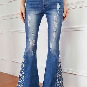 Full Size Flower Embroidery Distressed Jeans