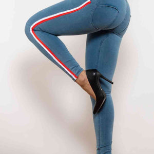 Side Stripe Contrast Buttoned Skinny Jeans