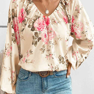 Floral V-Neck Balloon Sleeve Blouse