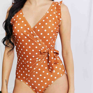 Marina West Swim Full Size Float On Ruffle Faux Wrap One-Piece in Terracotta