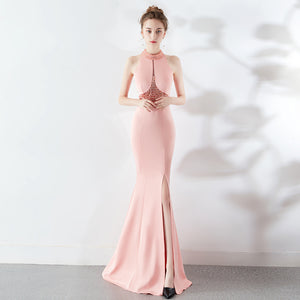 2021 Autumn Fashion Long Red Fishtail Halter Wedding Banquet Evening Dress Dress Formal Gown
