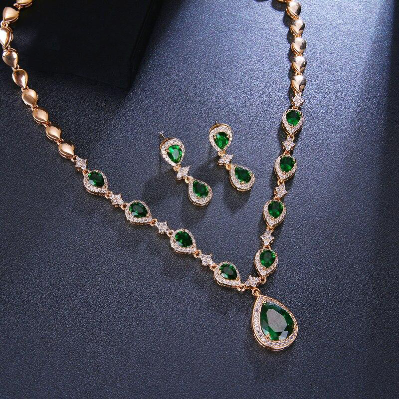 Rose Gold Green Waterdrop Jewelry Sets