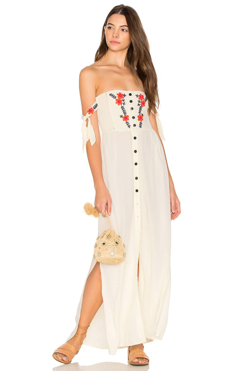 Women  Summer New Bohemian Vacation Embroidered Dress Collar Shoulder Hanging Long Dress