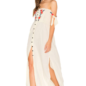 Women  Summer New Bohemian Vacation Embroidered Dress Collar Shoulder Hanging Long Dress