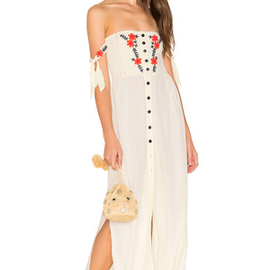 Women  Summer New Bohemian Vacation Embroidered Dress Collar Shoulder Hanging Long Dress