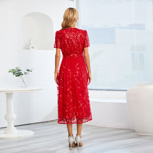 Women Embroidered Bright Yarn Mesh Dress Fashionable Slim Fit V neck Mid Length Dress
