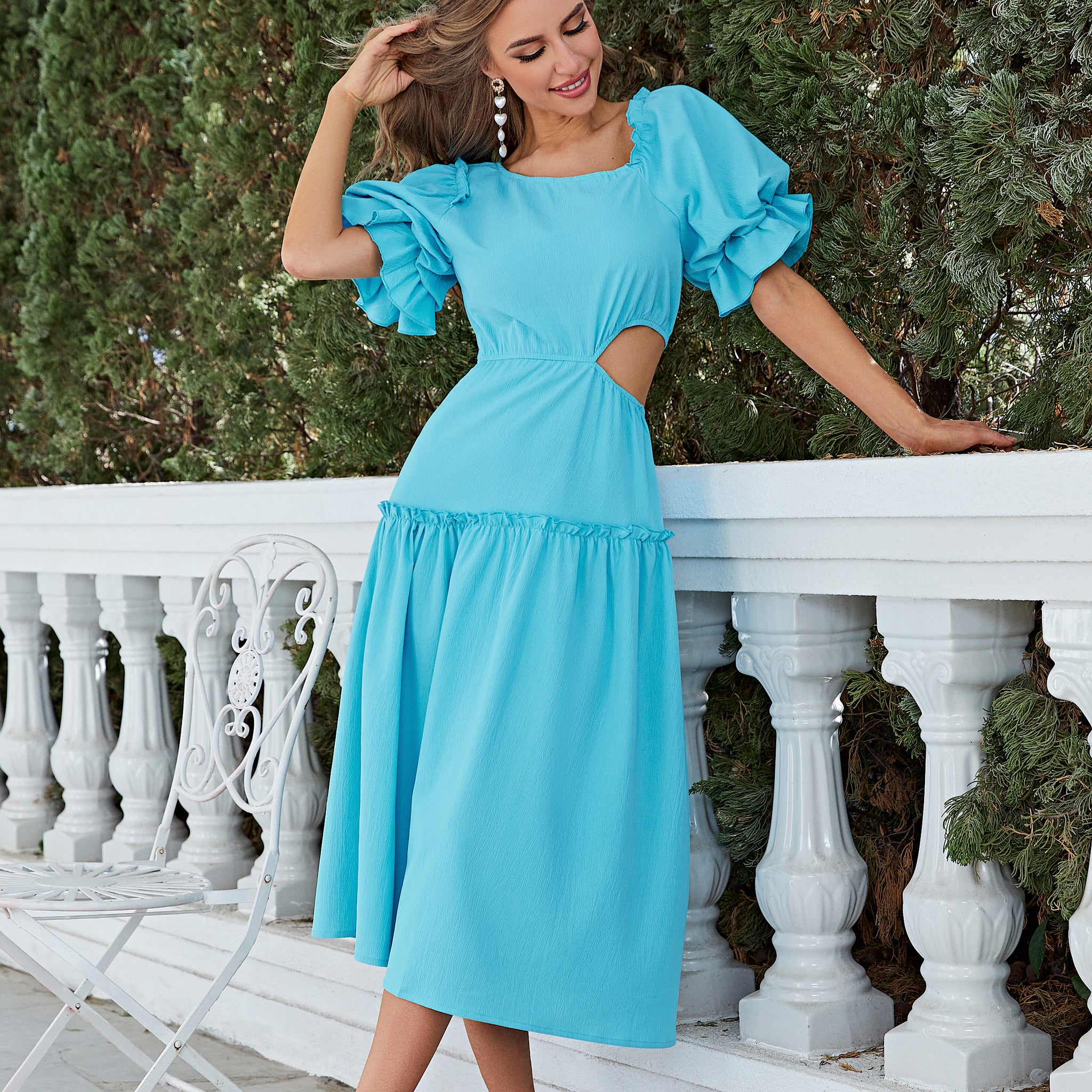 Women Spring Summer Fall Ruffle Puff Sleeve Cutout Solid Elegant Regular Daily Dress