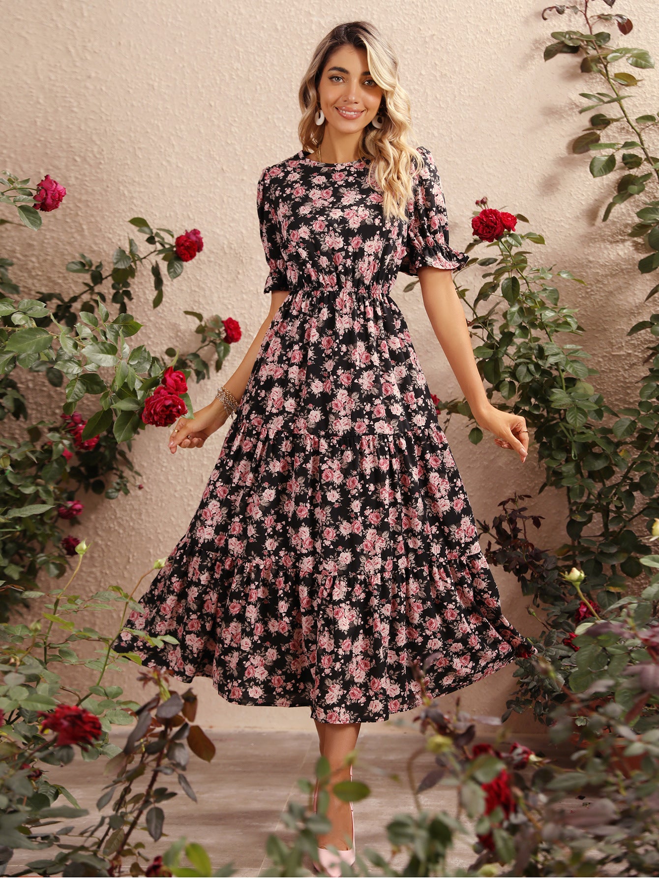 Spring Waist Controlled Floral Dress Women Clothing