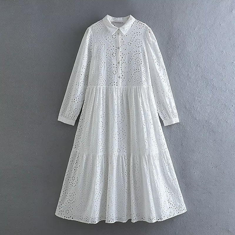Summer Women Clothing round Neck Long Sleeve Embroidered Hollow Out Cutout Loose Dress Women