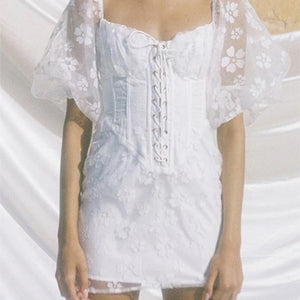 Summer Lace Embroidery Tie Neck Air Hole Drawstring See through Puff Sleeve Short Sleeve Square Collar Dress Crisscross