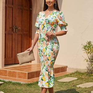 Women Summer Ruffled V Neck Bohemian Elegant Fishtail Dress