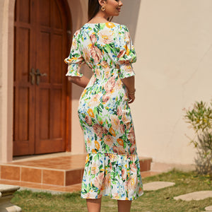 Women Summer Ruffled V Neck Bohemian Elegant Fishtail Dress