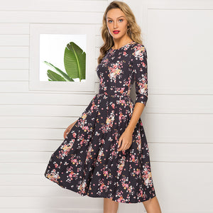 Summer Autumn Floral Casual Dress round Neck 3/4 Sleeves Slim-Fit Party Dress