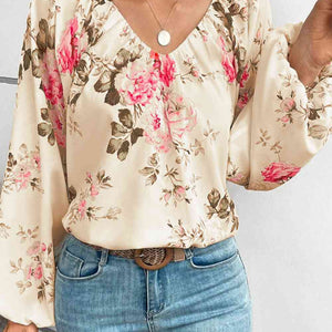 Floral V-Neck Balloon Sleeve Blouse