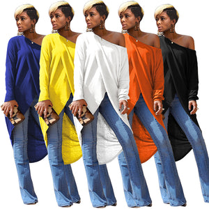 Women  Clothing  Irregular Oblique round Neck Front Short Back Long Cotton Top Dress