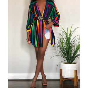 Women Clothing   Nightclub Uniforms Contrast Color Rainbow Sexy Stripes Shirt Dress