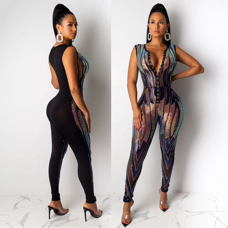Women  Clothing  Independent Station Sexy Sequined a Pair of Buckles Jumpsuit