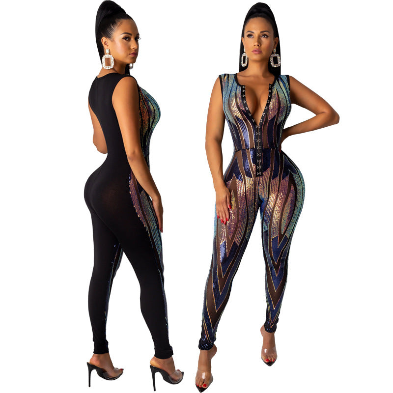 Women  Clothing  Independent Station Sexy Sequined a Pair of Buckles Jumpsuit