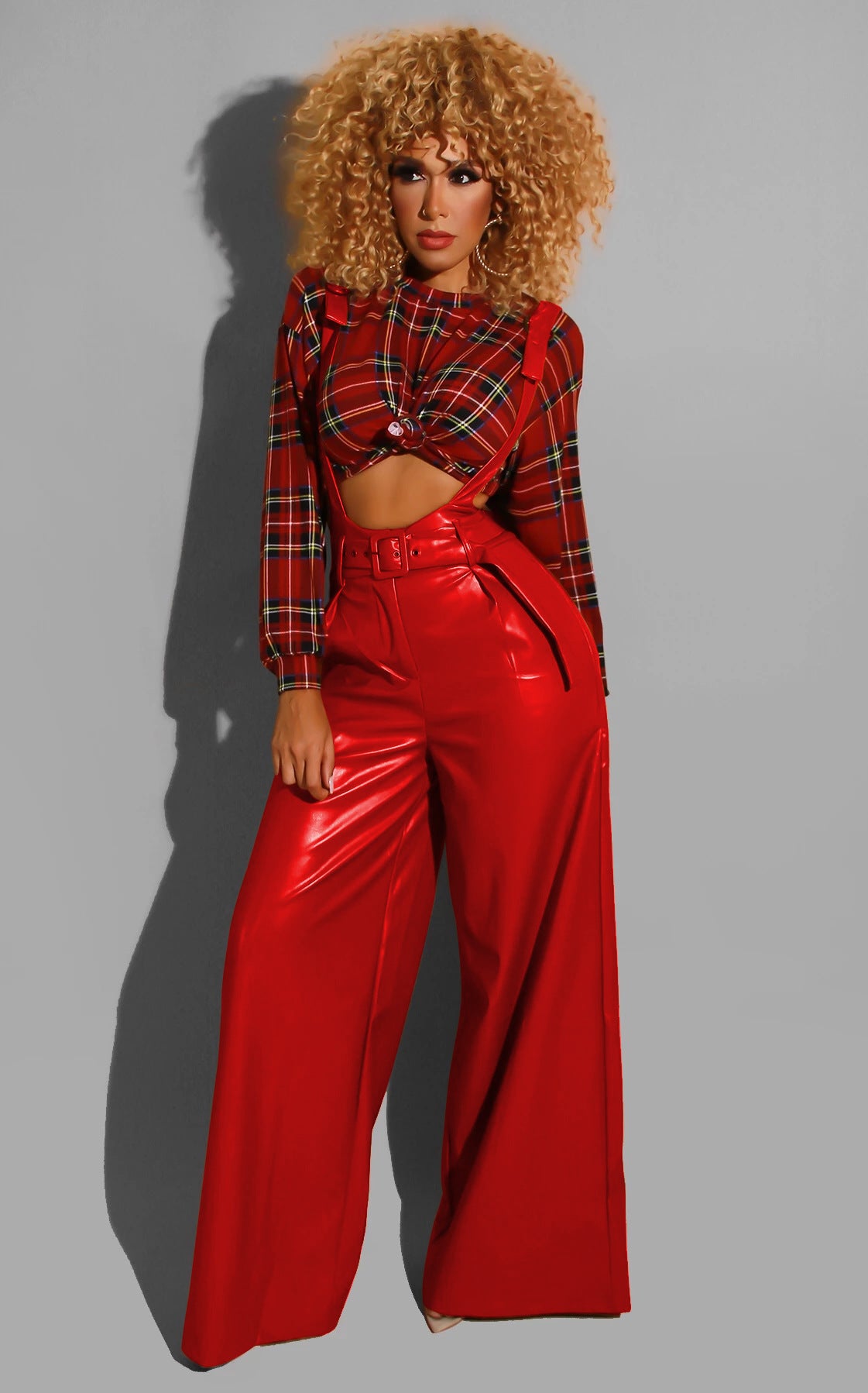 Women Clothing   Fashion Casual Sexy with Belt PU Leather Suspenders Bell-Bottom Pants