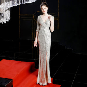 New Banquet Temperament Elegant Long Style Long Sleeve Sequ Annual Meeting Aura Queen Fishtail Gown Formal Gown