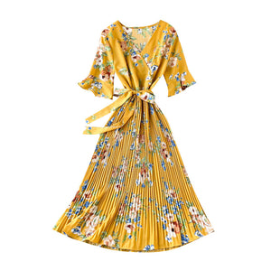 Pleated Dress Short Sleeve Summer New Retro Elegant Chiffon Printed V-neck Bell Sleeve Waist-Tight Slimming Long Dress