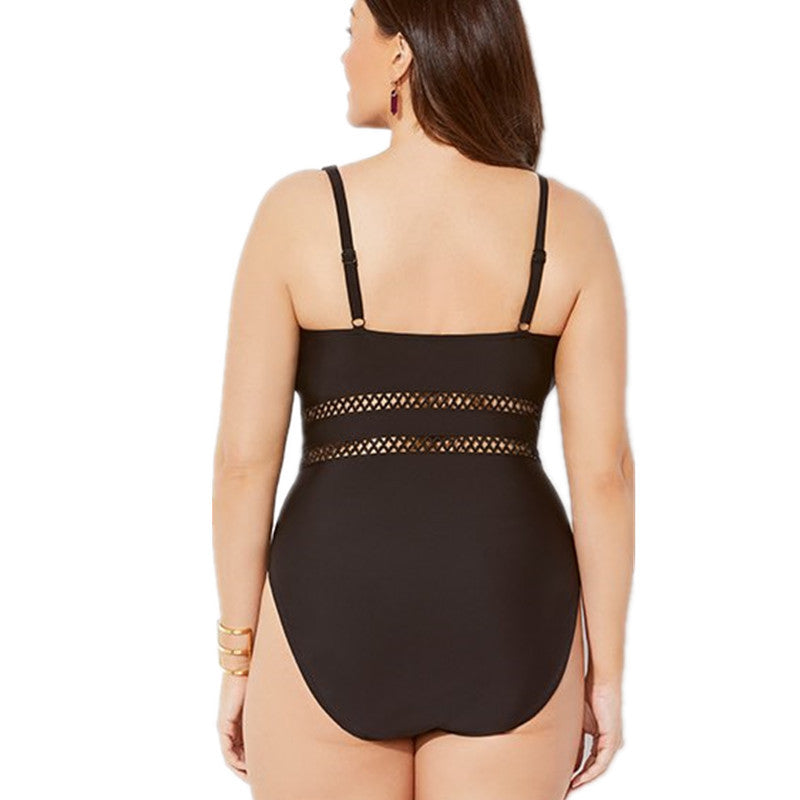 New Arrival  Ladies plus Size Swimsuit Solid Color Mesh Fabric Stitching plus-Sized  Swimwear