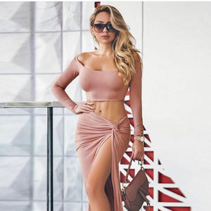 New Autumn Winter Women  Clothing  Sexy off-the-Shoulder off-Neck Pleated Two-Piece Dress