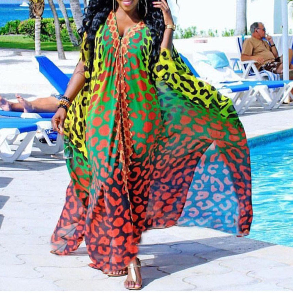 Spring New African Summer  Chiffon Elegant Floor Length V neck Single Breasted Dress Plus Size