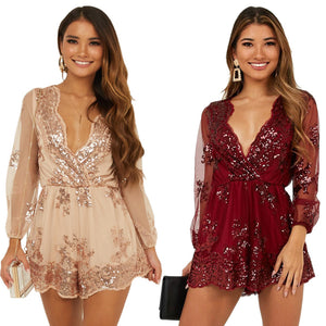 Women  Clothing  New  Sequined Deep V Long Sleeve Jumpsuit Shorts