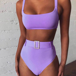 New  Solid Color High Waist Sexy Imitation Diamond Bikini  Split Swimsuit Swimwear