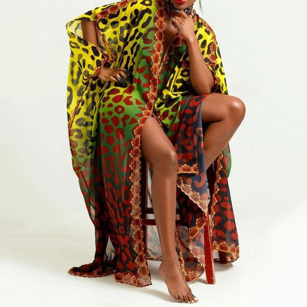 Spring New African Summer  Chiffon Elegant Floor Length V neck Single Breasted Dress Plus Size