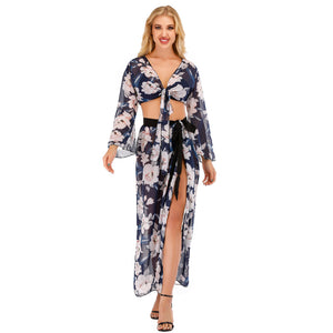 Beach Holiday Floral Print Long Sleeve Loose Outer Tops One-Piece Skirt Bikini Blouse Suit