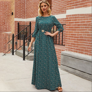 Style Dress Spring and Summer Women Clothing Three-Quarter Sleeve Floral Tie-Neck Slimming Retro Green Dress
