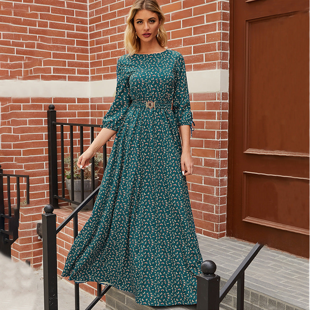 Style Dress Spring and Summer Women Clothing Three-Quarter Sleeve Floral Tie-Neck Slimming Retro Green Dress