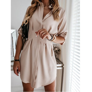 Spring and Summer New Solid Color Rolled Sleeves Shirt Button Cinched Blouse Women Clothing