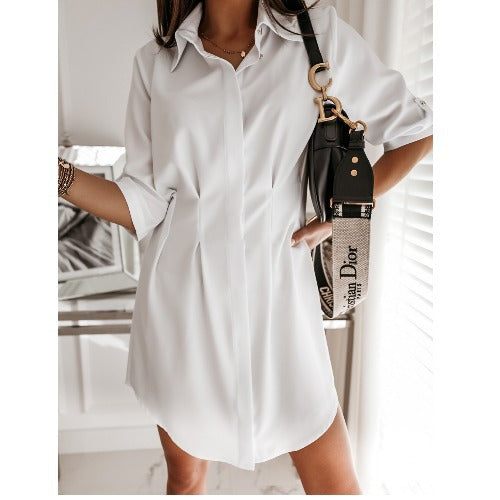 Spring and Summer New Solid Color Rolled Sleeves Shirt Button Cinched Blouse Women Clothing