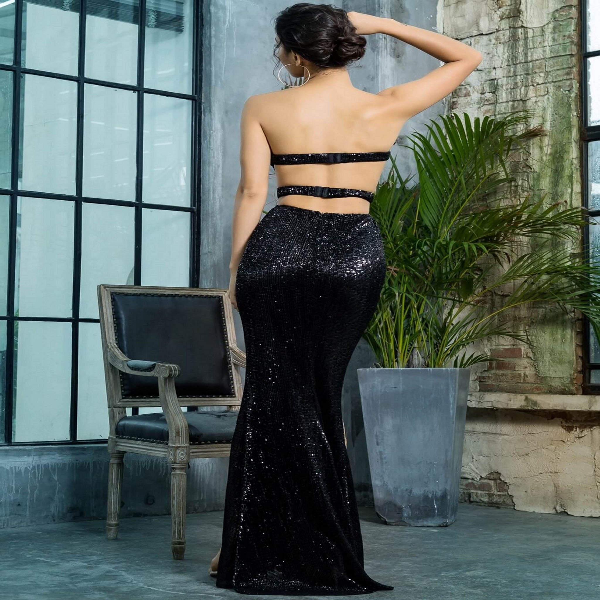 Black Strapless Split Thigh Sequin Maxi Dress