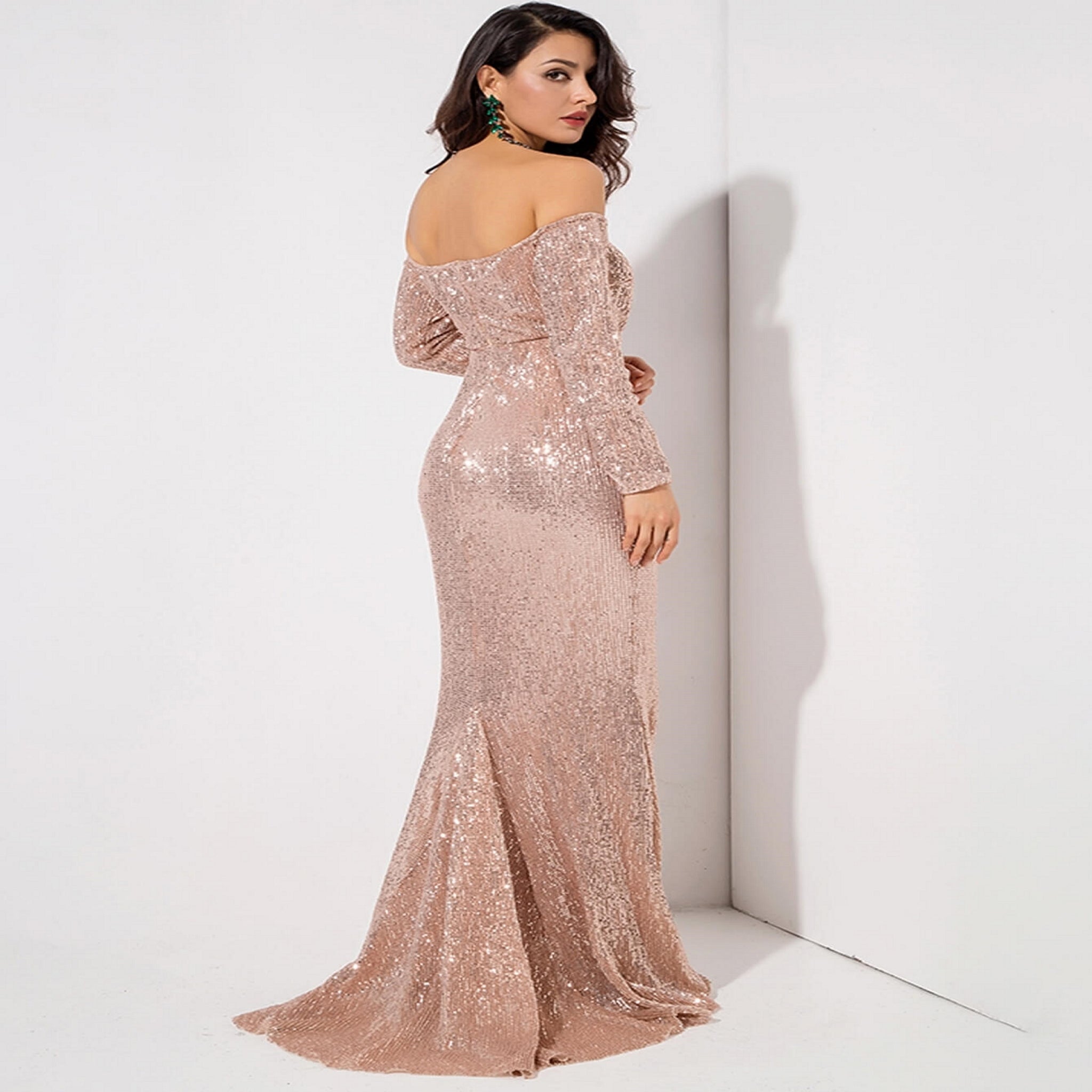 Off Shoulder Sweetheart Neck Sequin Maxi Dress