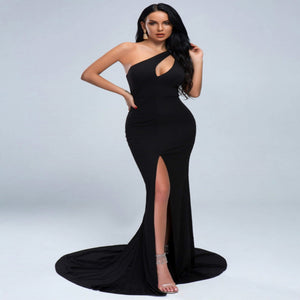 One Shoulder Split Thigh Cut-out Floor Length Dress