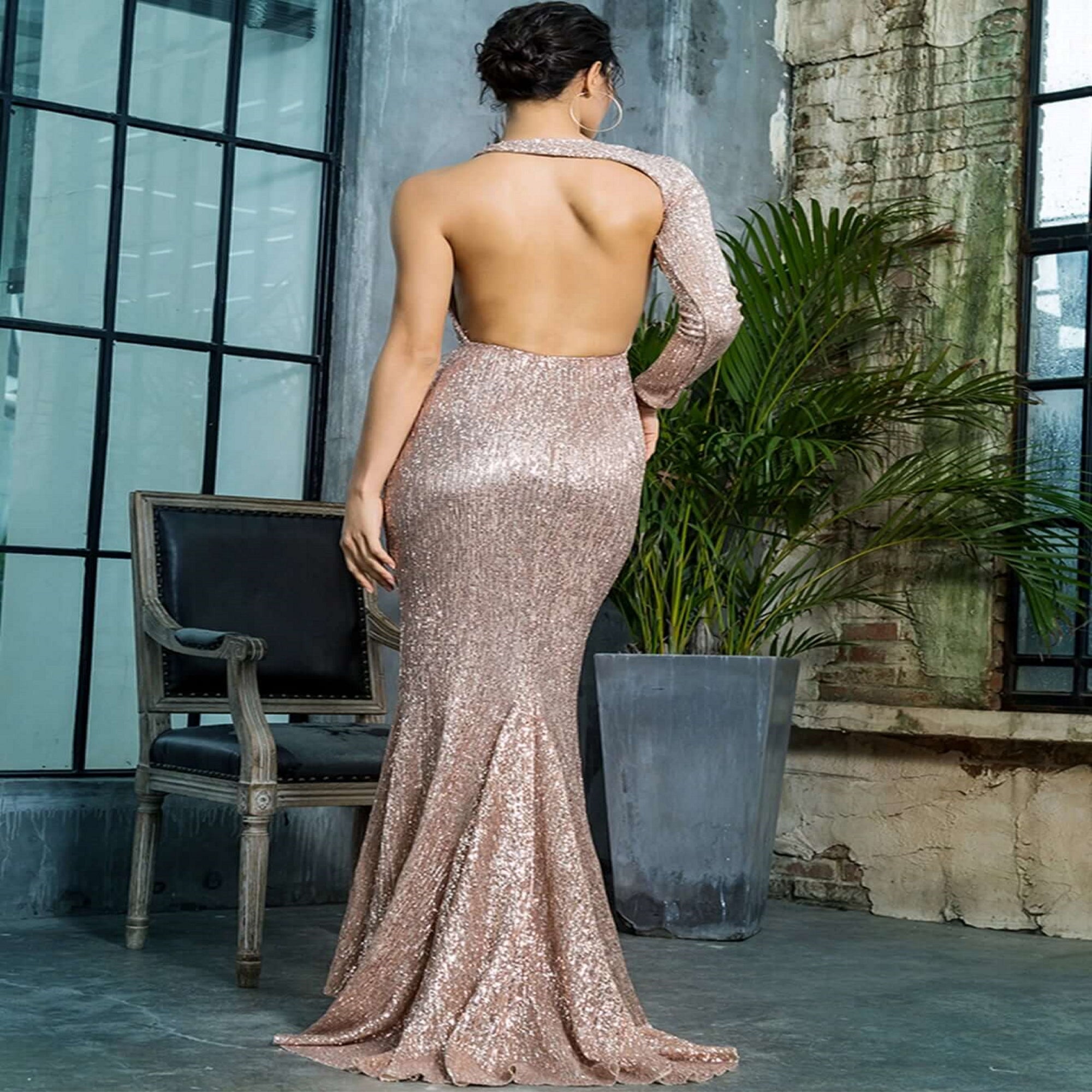 Asymmetrical Neck Backless Sequin Dress M Asymmetrical Neck Backless Sequin Dress M