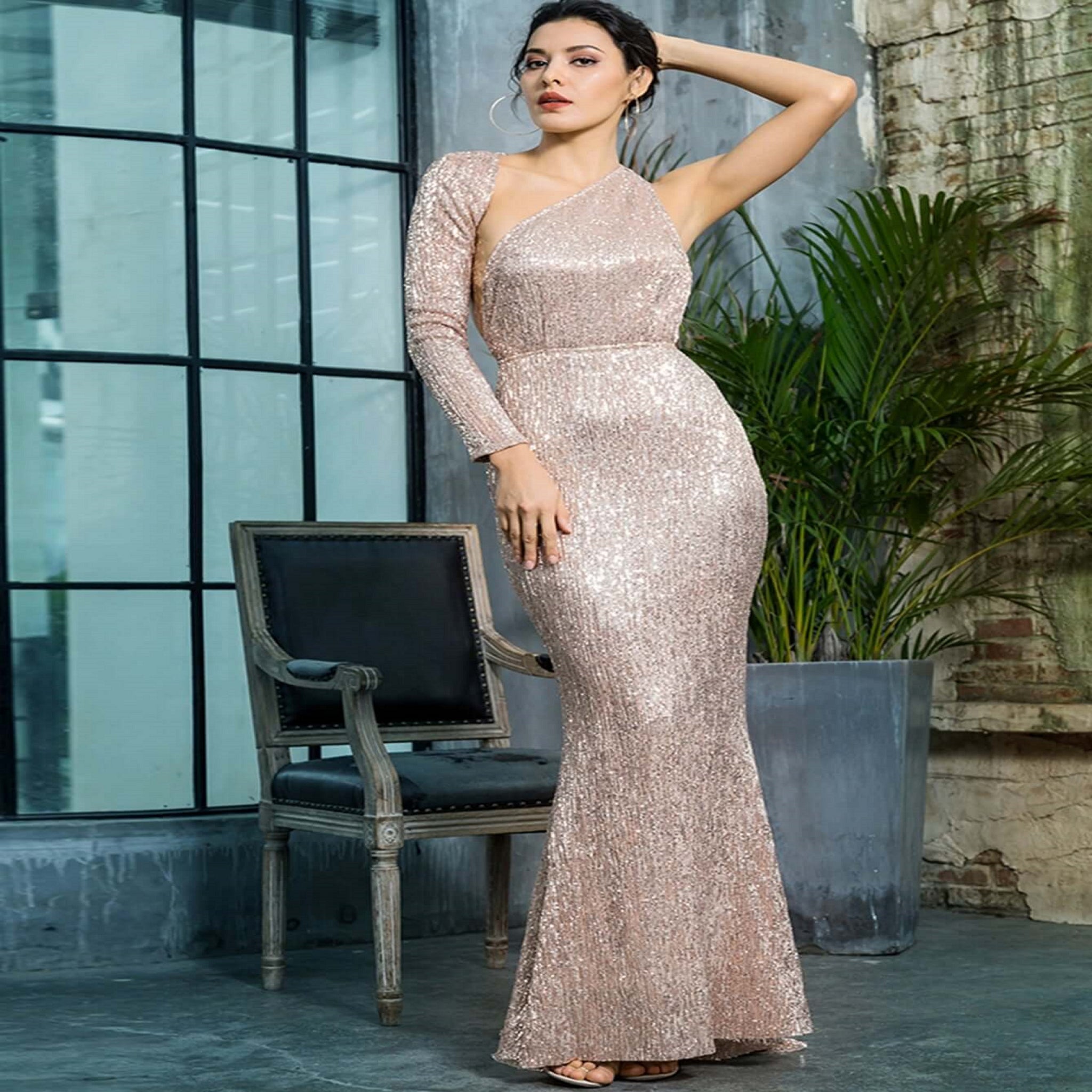 Asymmetrical Neck Backless Sequin Dress M Asymmetrical Neck Backless Sequin Dress M
