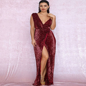 Twist Split Thigh Backless Draped Maxi Sequin Dress