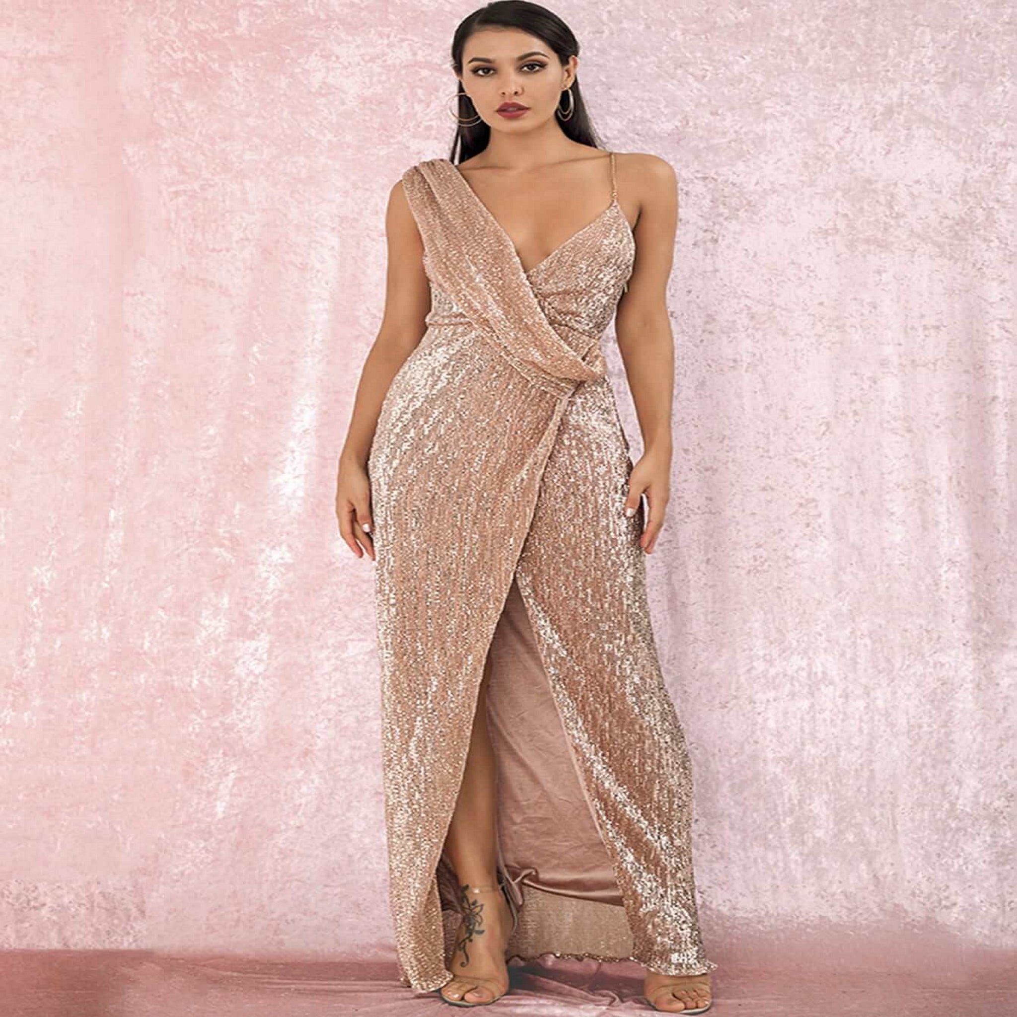 Twist Split Thigh Backless Draped Maxi Sequin Dress