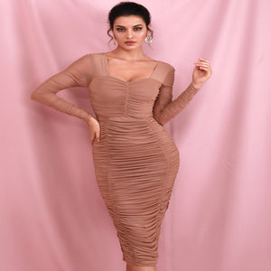 Sweetheart Ruched Mesh Bodycon Dress